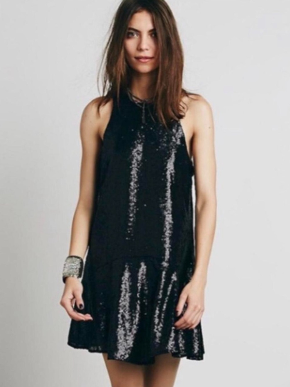 Free People | Women’s Black Sequin Liquid Shine Sleeveless Halter Mini Dress XS